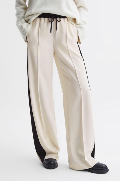 Wide Leg Contrast Stripe Drawstring Trousers in Cream