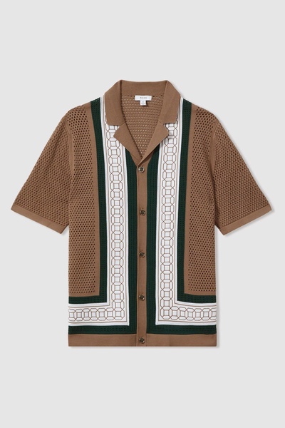 Embroidered Cuban Collar Shirt in Camel/Green