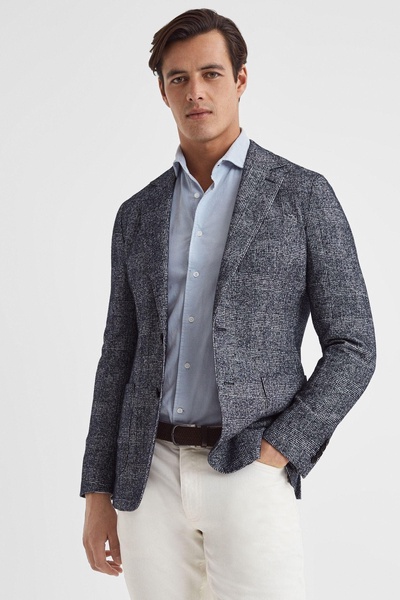 Slim Fit Single Breasted Check Blazer in Navy