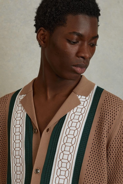 Embroidered Cuban Collar Shirt in Camel/Green