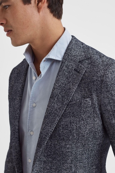 Slim Fit Single Breasted Check Blazer in Navy