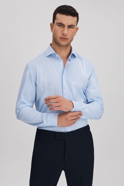 Striped Cutaway Collar Shirt in White/Soft Blue