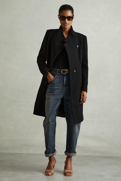 Wool-Blend Longline Double-Breasted Coat in Black