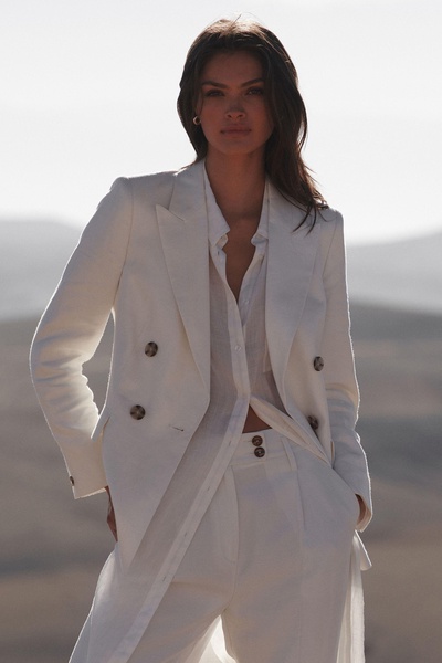 Double Breasted Linen Blazer in White