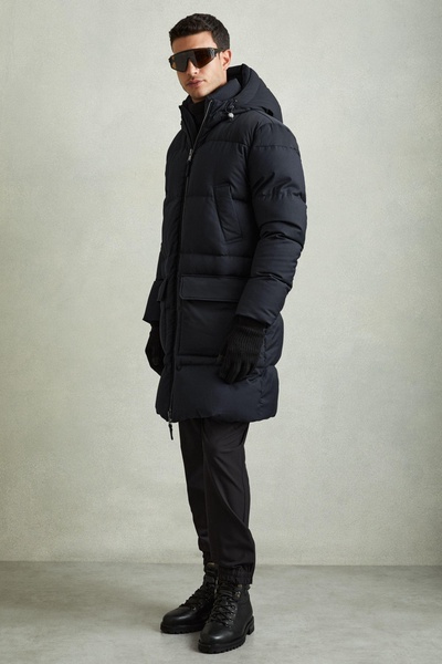 Quilted Longline Puffer Jacket in Navy