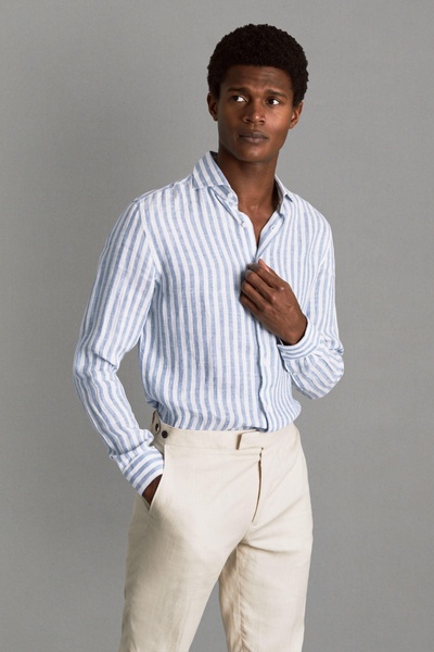 Linen Button-Through Shirt in Soft Blue Herringbone Stripe