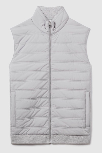 Hybrid Quilt and Knit Zip-Through Gilet in Soft Grey