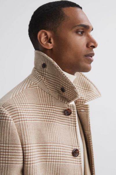 Wool Check Mid Length Coat in Oatmeal