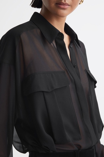 Oversized Sheer Button-Through Shirt in Black