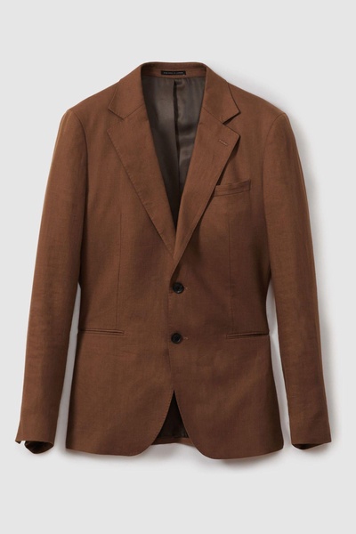 Slim Fit Single Breasted Linen Blazer in Tobacco Brown