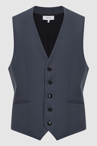 Five Button Wool Slim Fit Waistcoat in Airforce Blue