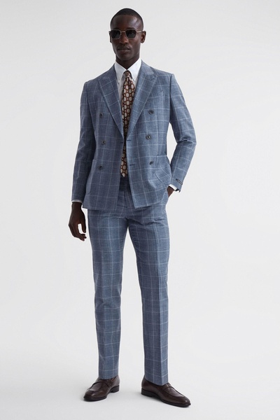 Slim Fit Wool Linen Check Double Breasted Blazer in Indigo