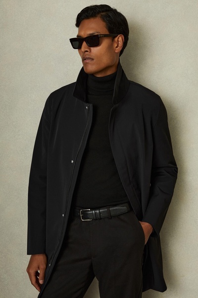 Hybrid Removable Funnel Neck Overcoat in Black