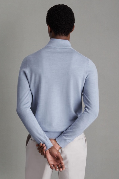 Merino Wool Half-Zip Funnel Neck Jumper in Soft Blue Melange