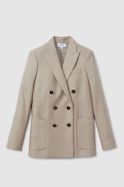 Petite Wool Blend Double Breasted Blazer in Neutral