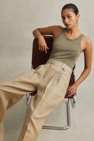 Linen Front Pleat Trousers in Light Khaki