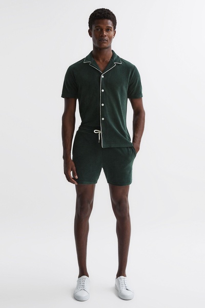 Towelling Drawstring Shorts in Dark Green