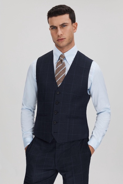 Klink Navy Wool Check Single Breasted Slim Fit Waistcoat