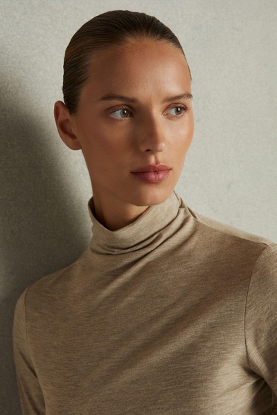 Ruched Jersey Top with Wool in Neutral