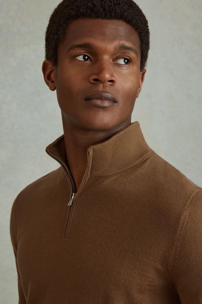 Merino Wool Half-Zip Funnel Neck Jumper in Tobacco Brown