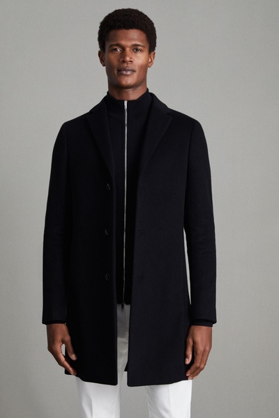 Wool Blend Single Breasted Epsom Overcoat in Black