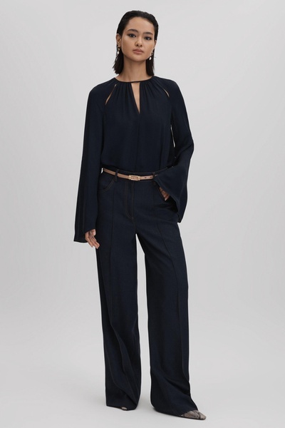 Cut-Out Flute Sleeve Blouse in Navy