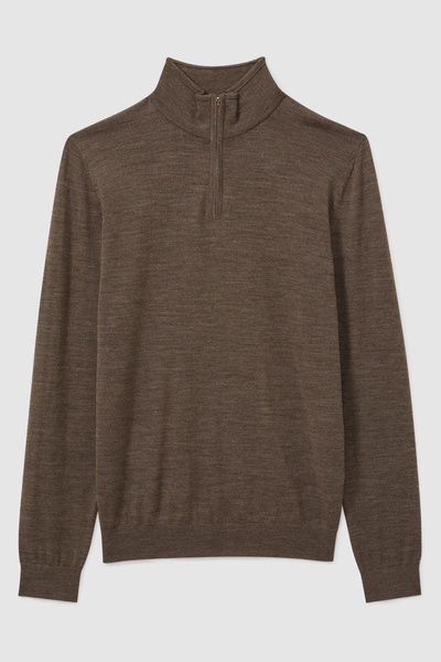 Merino Wool Half-Zip Funnel Neck Jumper in Dark Brown Melange