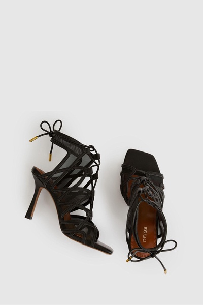 Mesh Leather Strappy Heels in Black