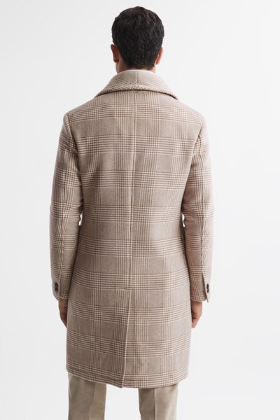 Wool Check Faux Fur Lapel Coat in Oatmeal