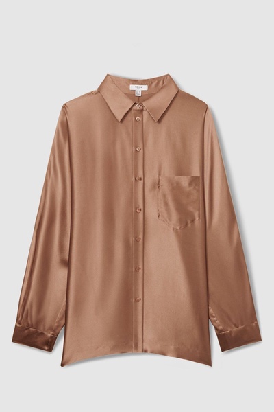 Silk Satin Grown On Sleeve Shirt in Taupe