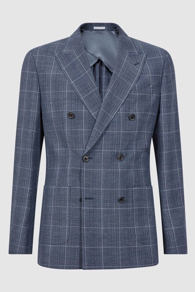 Slim Fit Wool Linen Check Double Breasted Blazer in Indigo