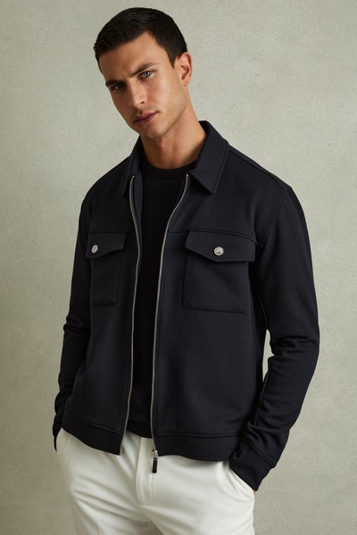 Zipped Interlock-Jersey Overshirt in Navy Blue