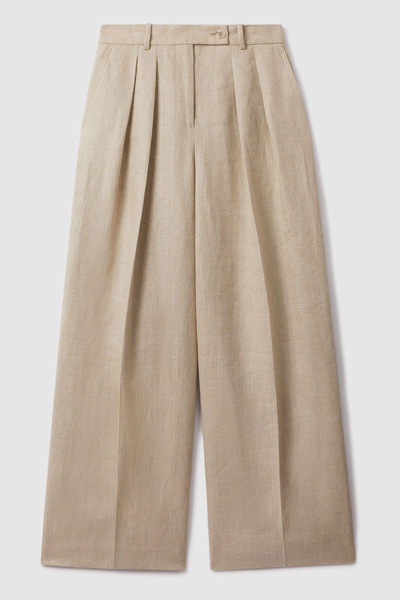 Petite Linen Wide Leg Suit Trousers in Natural