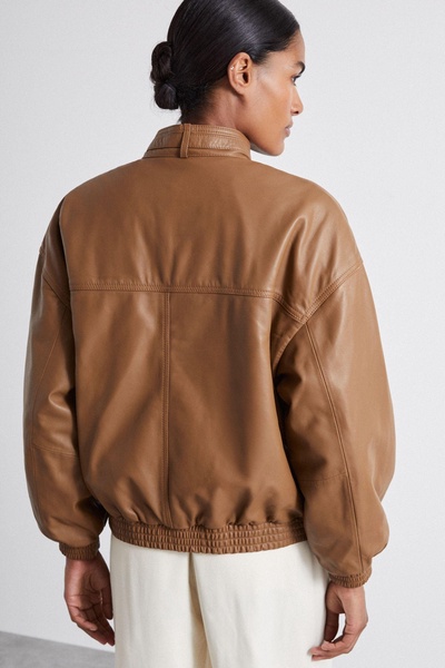 Atelier Leather Latched-Collar Bomber Jacket in Tan