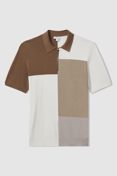 Colourblock Half-Zip Polo Shirt in Camel Multi