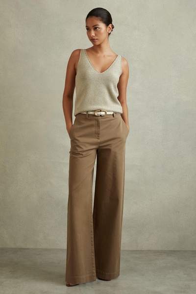 Cotton Blend Wide Leg Trousers in Dark Camel