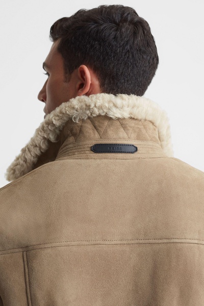 Suede Sheepskin Zip-Through Jacket in Stone