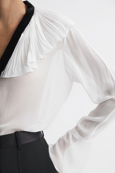 Sheer Ruffle Velvet Tie-Neck Blouse in Cream/Black