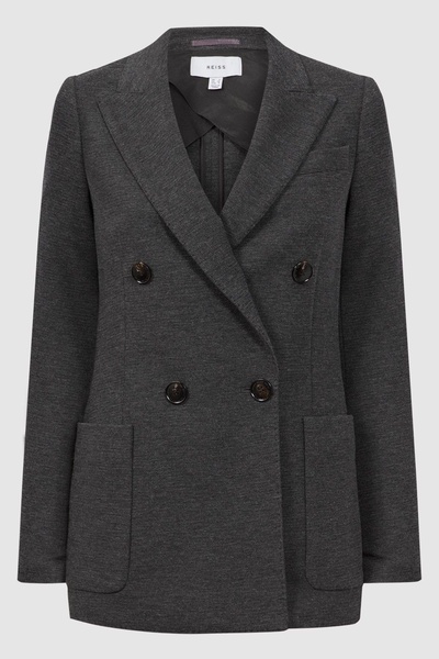 Double Breasted Wool Blend Suit Blazer in Grey Melange