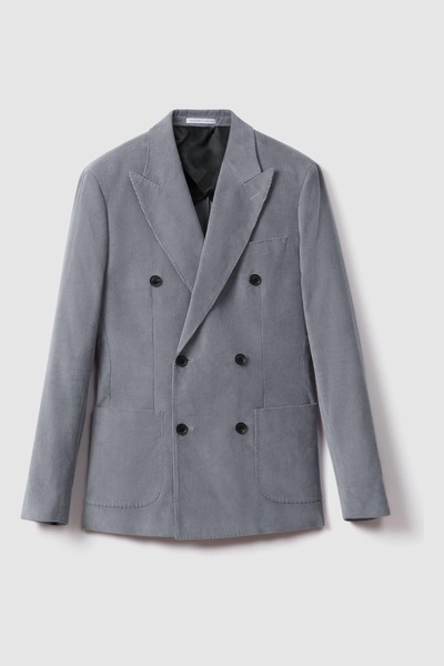 Slim Fit Corduroy Double Breasted Blazer in Ice Blue