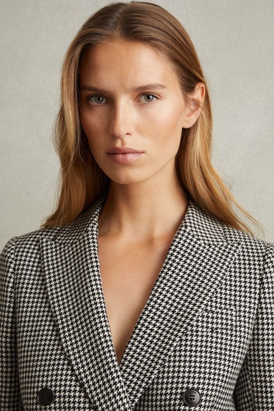 Petite Wool Dogtooth Double Breasted Blazer in Black/White