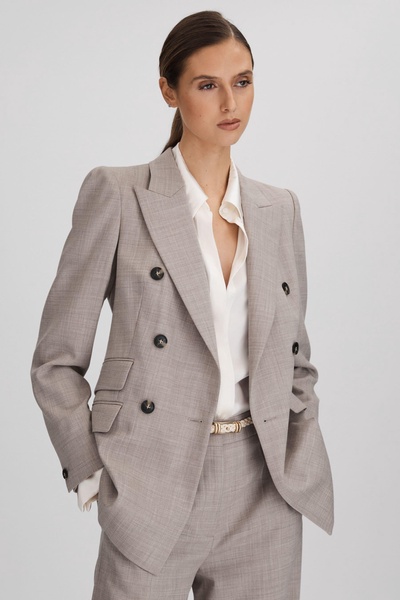 Tailored Wool Blend Double Breasted Suit Blazer in Oatmeal