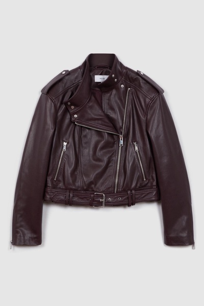 Cropped Leather Biker Jacket in Berry