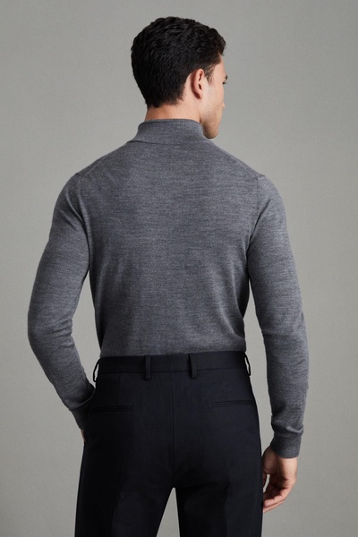 Merino Wool Half-Zip Funnel Neck Jumper in Mid Grey Melange