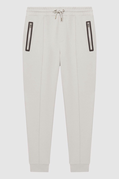 Drawstring Contrast Zip Joggers in Off White