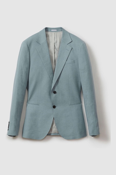 Slim Fit Single Breasted 100% Linen Blazer in Aqua Blue