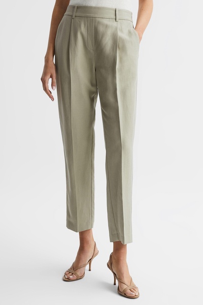 Tapered Linen Trousers in Khaki