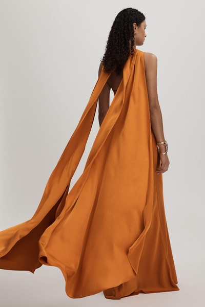 Halston Halter Cape Maxi Dress in Mustard