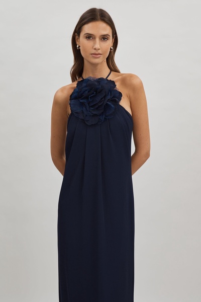 Halston Rosette Maxi Dress in Navy