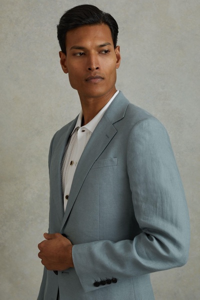 Slim Fit Single Breasted 100% Linen Blazer in Aqua Blue